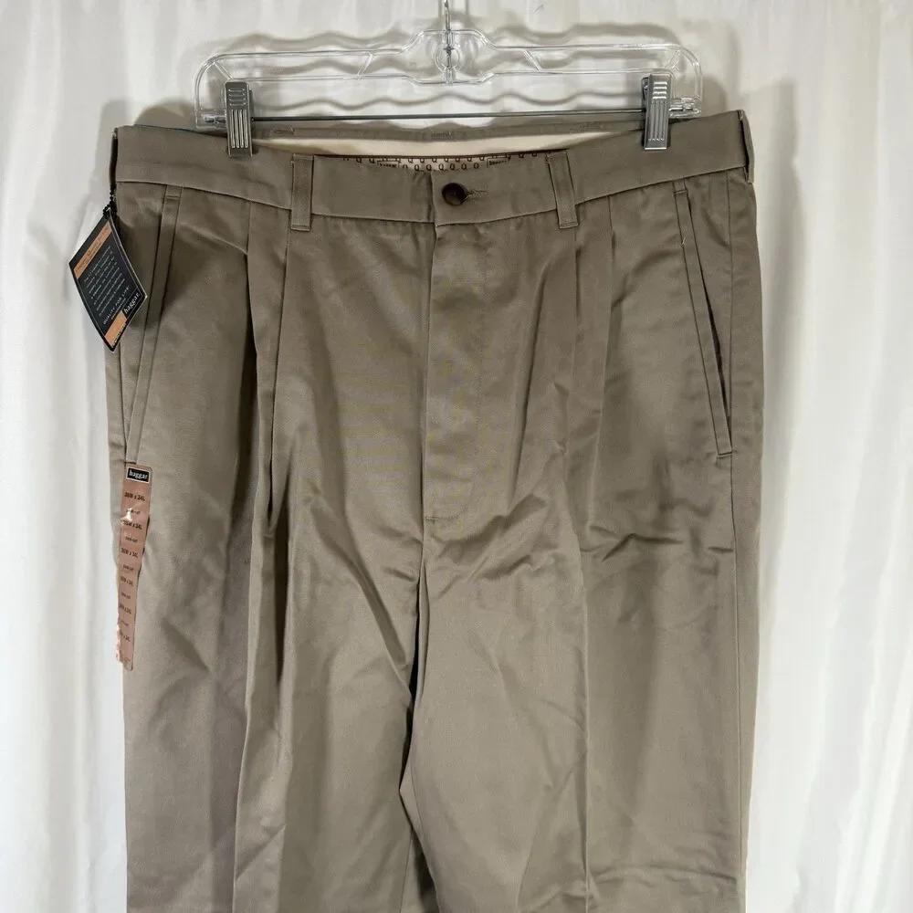 New Haggar Pleated Cuff Men's 36x34 Khaki Long Stable Combed Cotton No Iron